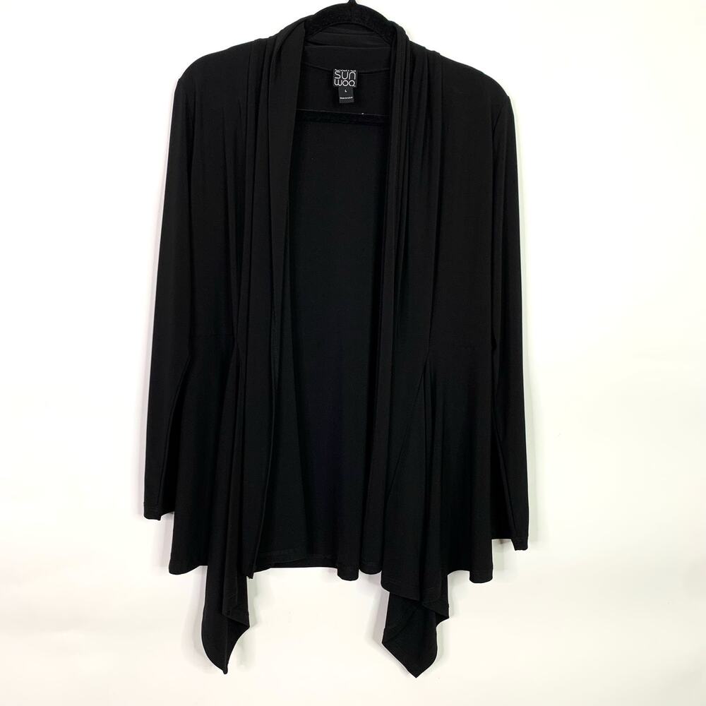 Clara Sun Woo Open Front Cardigan Size Large Black Liquid Knit Tunic Long Sleeve